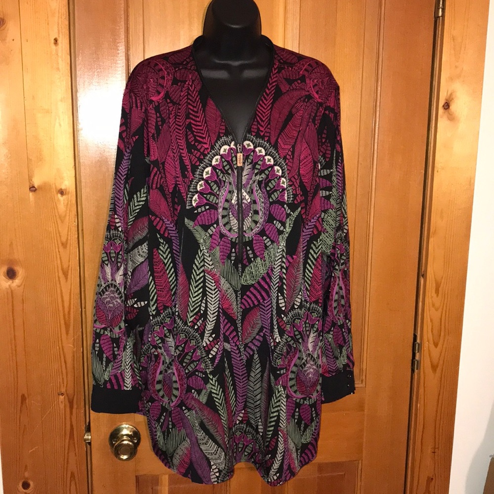 Bob Mackie Wearable Art size 3x Zip Up Polyester Shirt Feathers Flowers